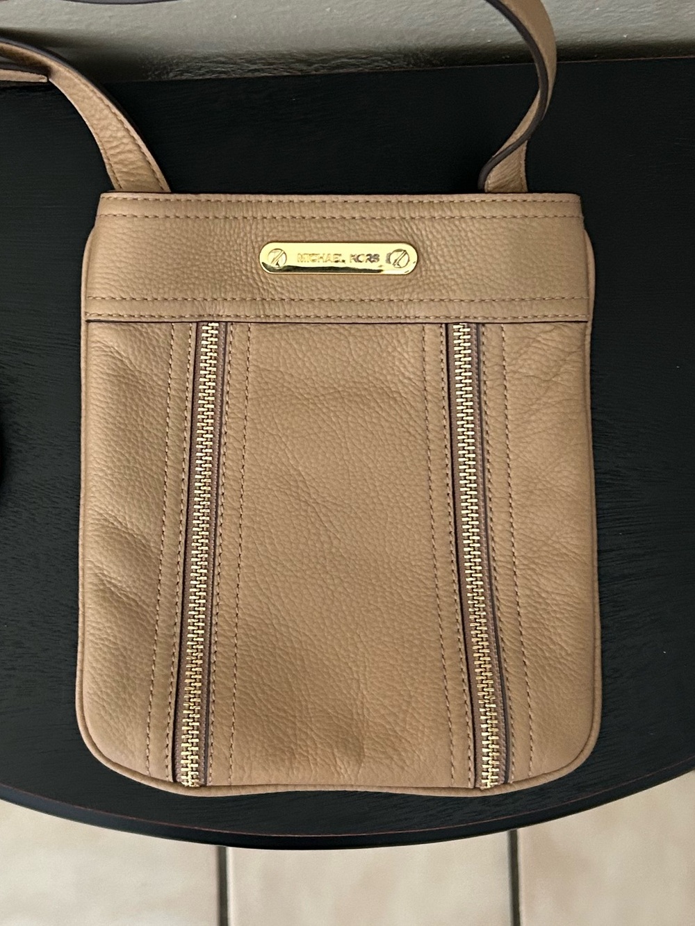 Michael Kors Beige/Tan Leather Crossbody with Dual Zip Accents